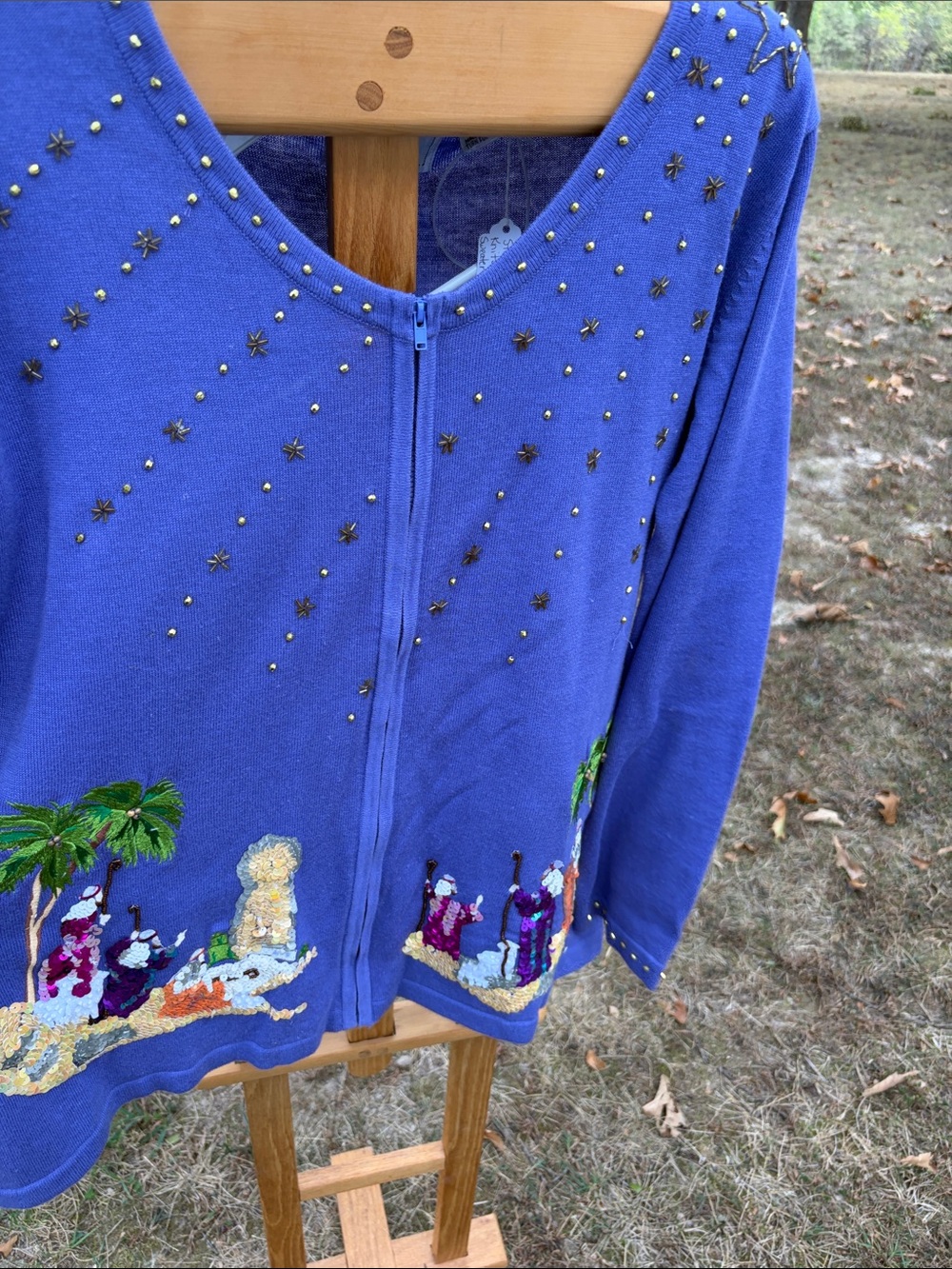 Storybook Knits Purple Embellished Zip-Front Women's Sweater - Holiday Scene
